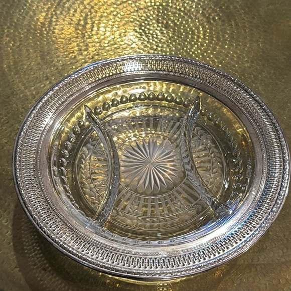 Openwork Beaded Scroll Sectional Serving Bowl Sterling 945 Glass Webster - Picture 1 of 8